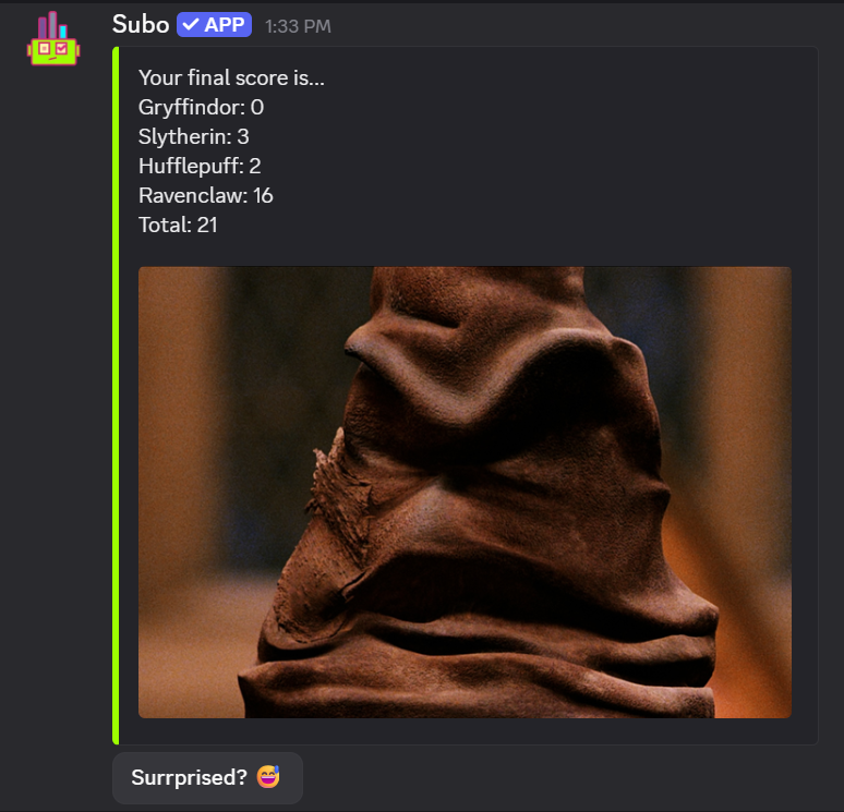 A Discord content block showing four house scores, a Sorting Hat image, and a button labeled Surrprised?
