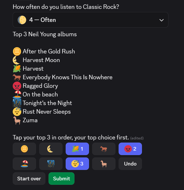 A Discord conversation showing a frequency question answered through a closed dropdown reading 4 - Often, with a ranking question underneath it in emoji mode