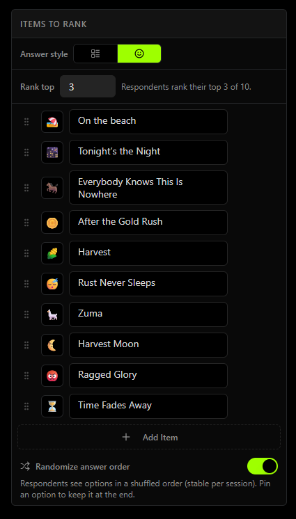 The ranking editor showing an emoji and full-text answer style toggle, Rank top 3 with the hint Respondents rank their top 3 of 10, ten item rows each with its own emoji, an Add Item button, and Randomize answer order switched on