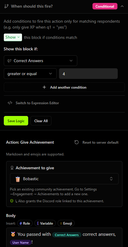 An action block set to Give Achievement, conditional on Correct Answers greater or equal 4