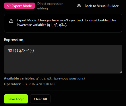 The Expression Editor in Expert Mode showing the expression NOT((q7>=4))