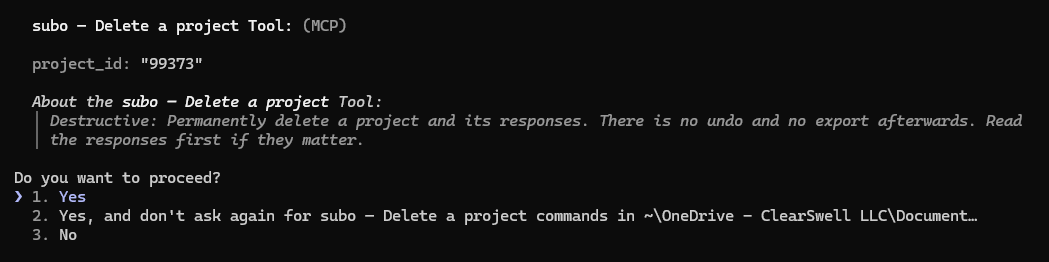 Claude Code asking permission before deleting a Subo project, with the operation's Destructive label shown in the prompt