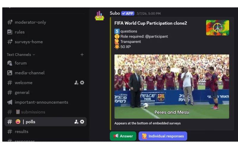 A Subo survey invite appearing in a Discord channel. Members click Take Survey and respond privately, in Discord or on the web.