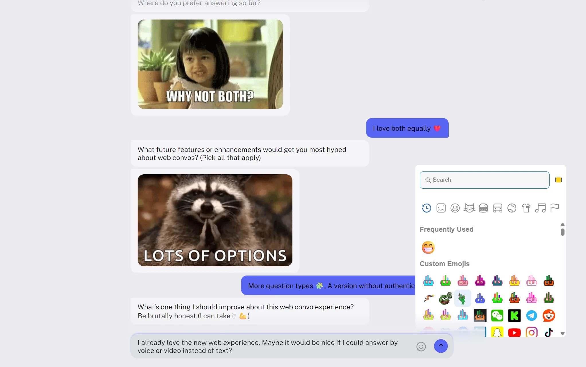 Screenshot of a web Convo with the emoji picker showing custom emojis
